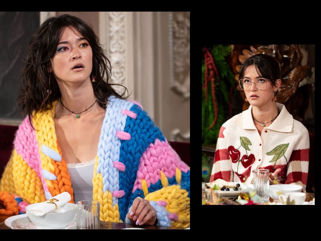 Two photos of Jade in her bright knitted jumpers, one in yellow, pink and blue and the other with cherry patterns on