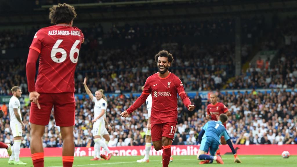 Salah celebrates after scoring his 100th Premier League goal