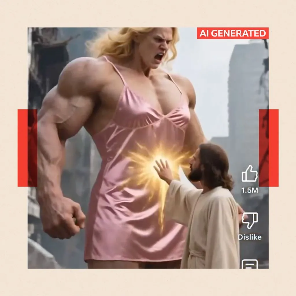An AI-generated image of a huge, muscular person in a pink dress; a figure that looks like Jesus is touching its stomach.
