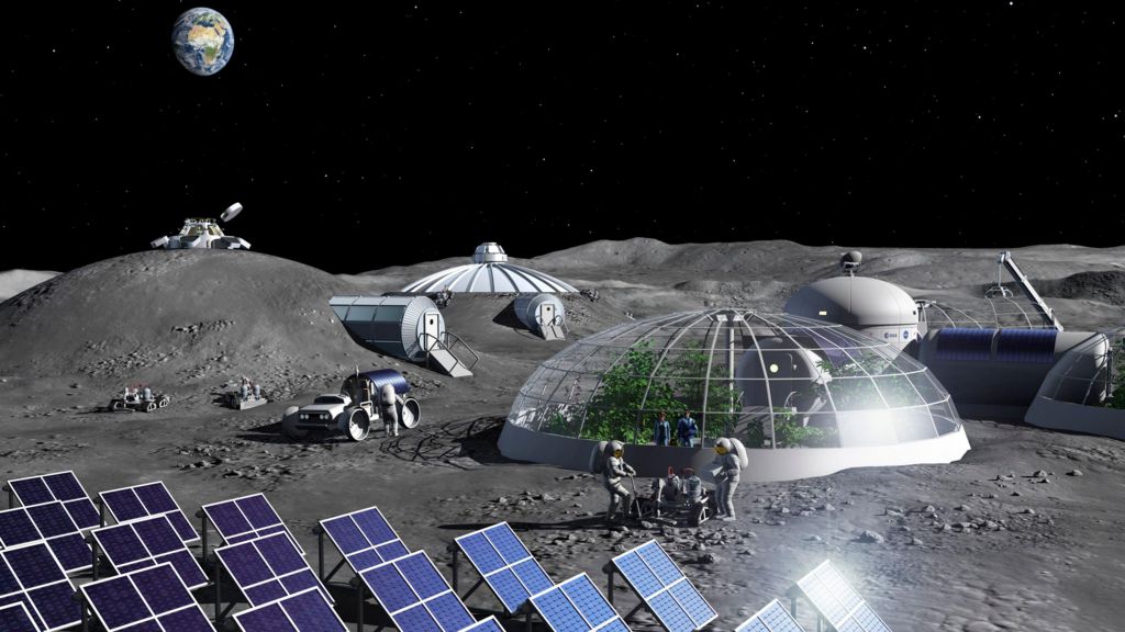 Lunar base with astronauts growing food in glasshouses. The Earth hangs above in the blackness of space