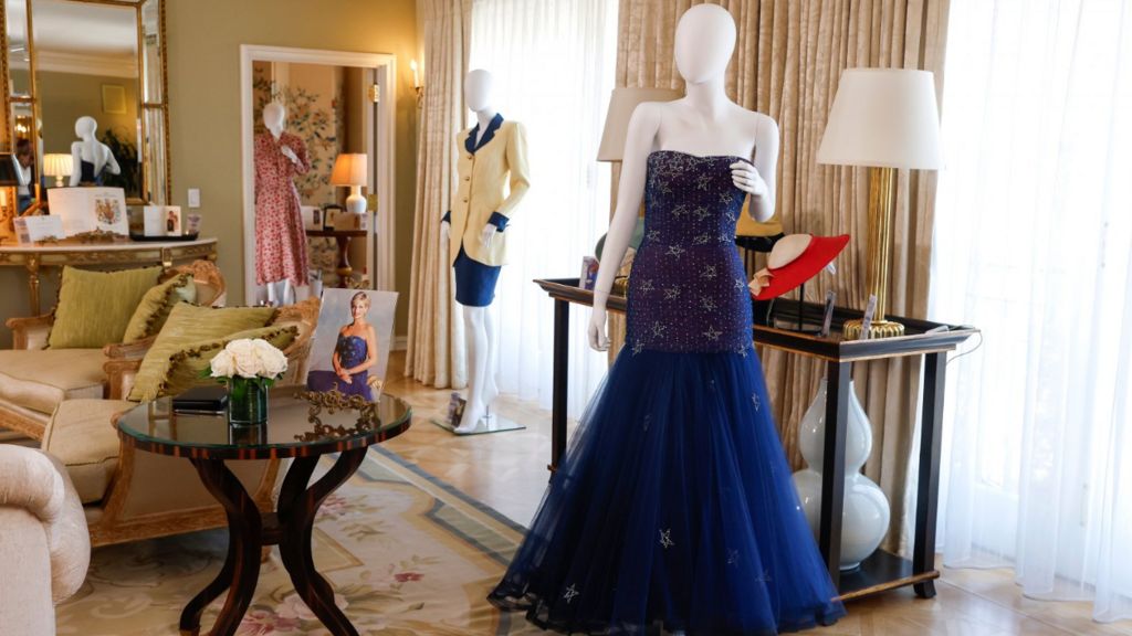 A 1986 Murray Arbeid midnight blue tulle diamante star gown worn by Princess Diana on display at an auction preview