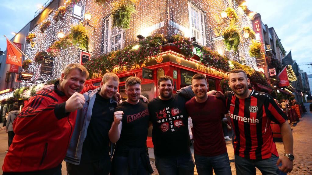 A group of Bayer Leverkusen fans outside The Temple Bar pub in Dublin