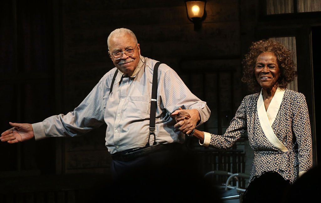 James Earl Jones, pictured on the Broadway stage in 2015 wearing black trousers, a pinstriped shirt and braces, alongside his The Gin Game co-star, Cicely Tyson. 