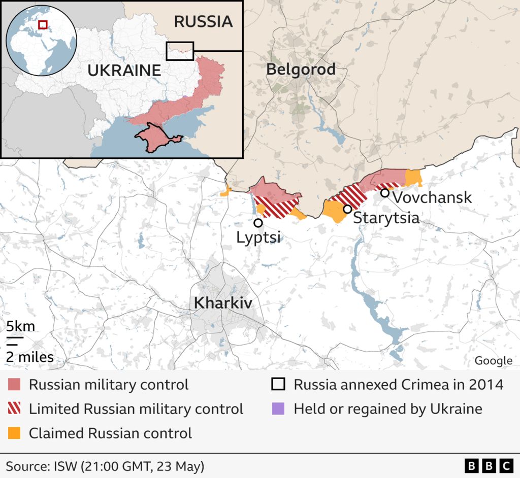 BBC map shows areas under Russian military control, limited Russian military control and claimed Russian control north of Kharkiv as of 23 May