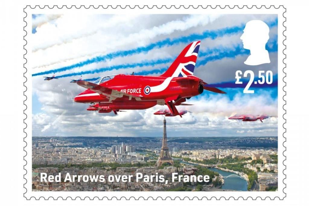 A Red Arrows stamp showing the planes above Paris