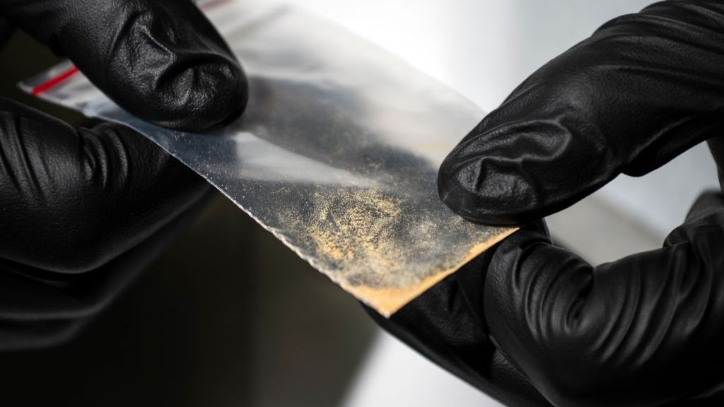 Close up of a bag of nitazene powder sample at the Center for Forensic Science Research and Education on Friday, Oct. 20, 2023