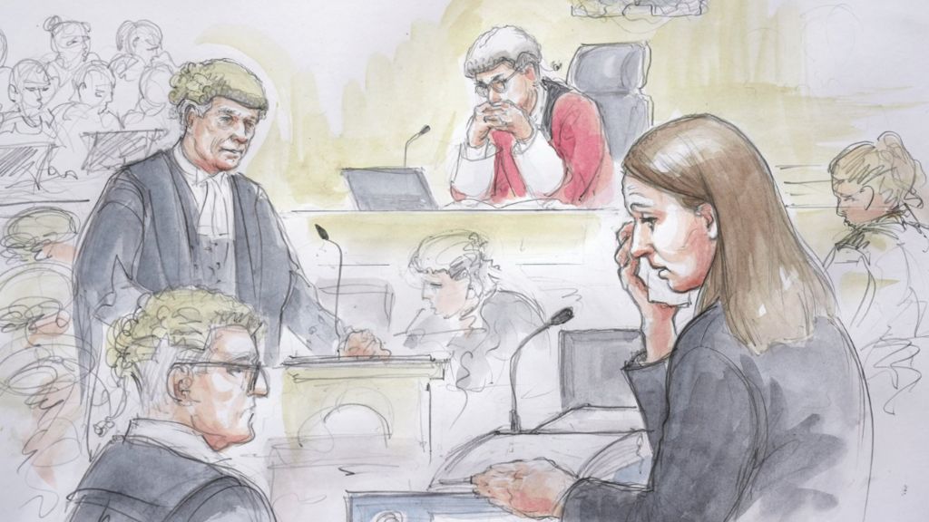 Court sketch of Lucy Letby on trial, surrounded by court officials with the judge pictured in the background