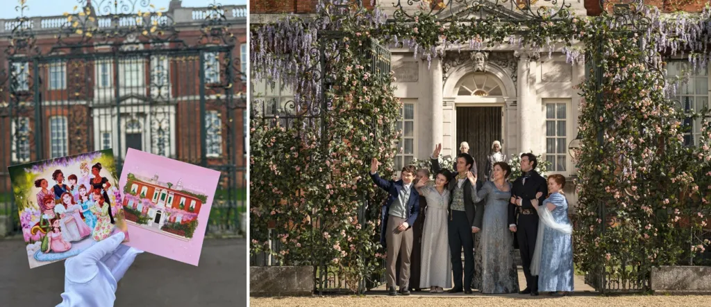 Picture 1 - A hand in a glove holds up two pieces of Bridgerton artwork in front of the exterior of a grand stately house. Picture 2 - Will Tilston as Gregory Bridgerton, Florence Hunt as Hyacinth Bridgerton, Luke Thompson as Benedict Bridgerton, Ruth Gemmell as Lady Violet Bridgerton, Luke Newton as Colin Bridgerton, Nicola Coughlan as Penelope Featherington in episode 308 of Bridgerton.