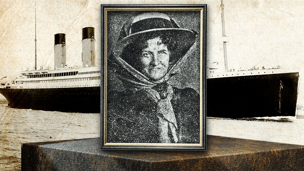 A photo of Titanic passenger Marian Meanwell, smiling and wearing a big hat, superimposed on a photo of the Titanic