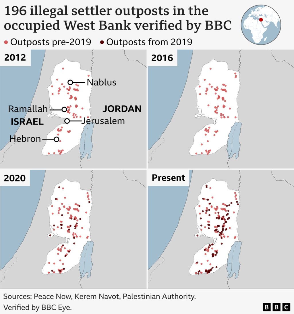 Four maps showing the locations of settler outposts in the occupied West Bank - verified by the BBC - in four snapshot years - 2012, 2016, 2020, 2024. 