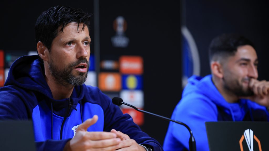 Porto's head coach Vitor Bruno (left) at a news conference before his side face Manchester United in the Europa League.