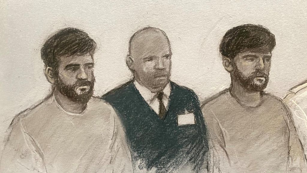 A court sketch of the men on trial. 