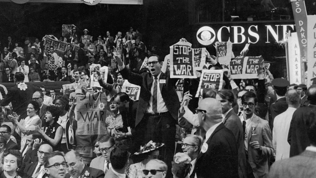 Members of the New York delegation protesting against the Vietnam War during the Democratic National Convention