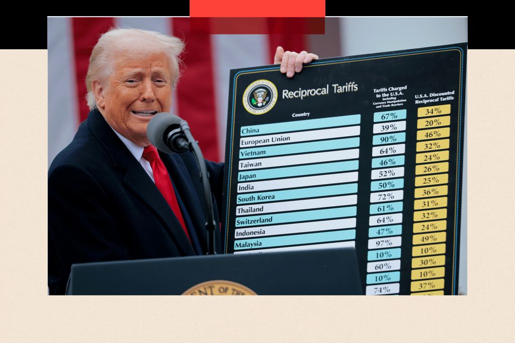 U.S. President Donald Trump holds up a chart of "reciprocal tariffs" while speaking during a “Make America Wealthy Again” trade announcement event