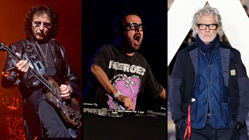 Three images arranged in vertical panels. The left panel shows Iommi playing an electric guitar on stage, wearing a dark jacket. The centre panel shows Jules operating DJ decks, wearing a black T-shirt. The right panel shows Fletcher in layered dark blue outerwear and glasses standing against a white background.