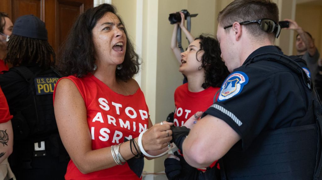 Pro-Palestinian demonstrators were removed by Capitol Police while protesting in the Cannon House Office Building on the eve of the visit of Benjamin Netanyahu