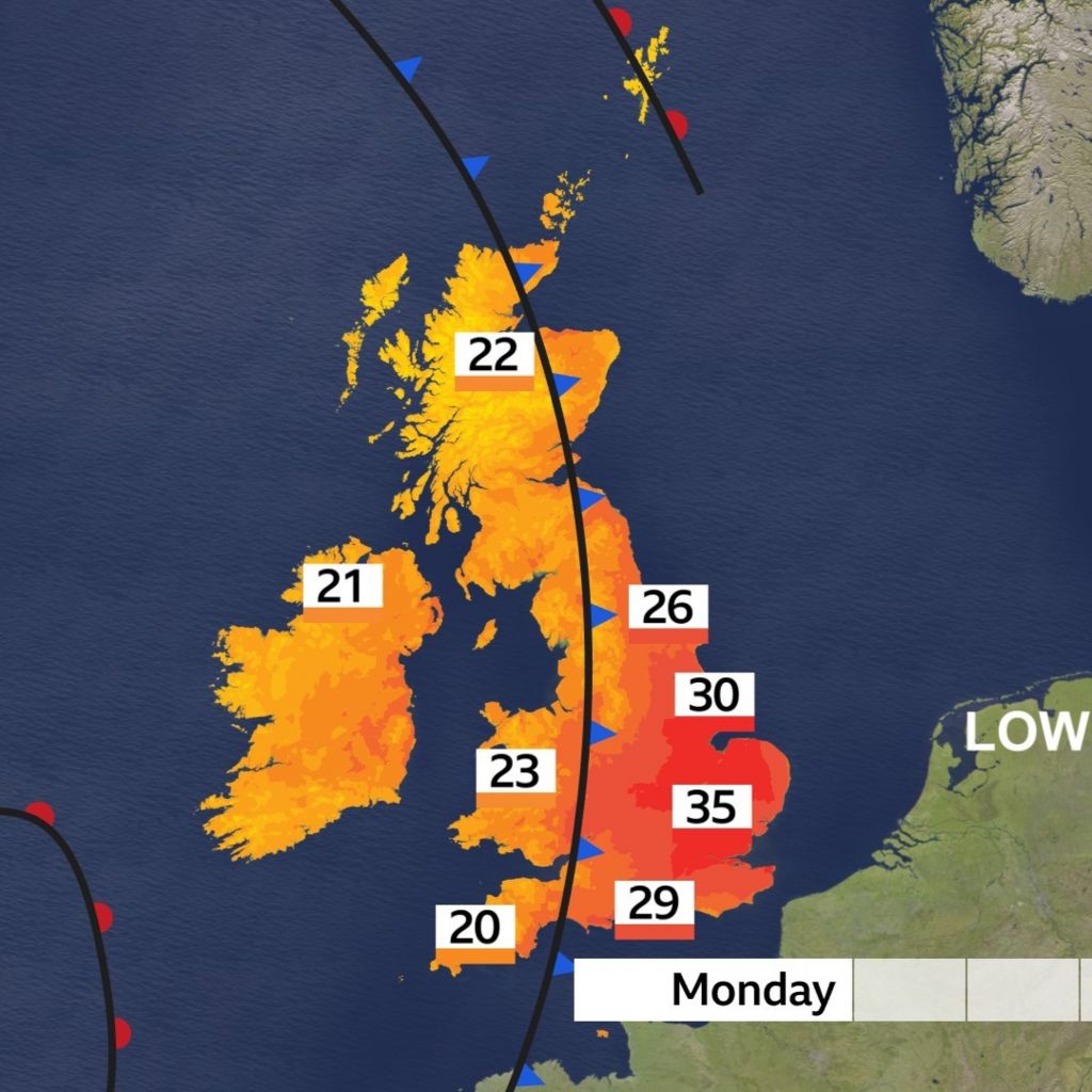 Map of UK showing orange to red colours and peak temperatures of 35C