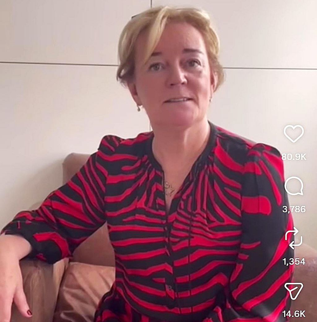 A screengrab from video of Jo Malone wearing a red and black striped top against a neutral background, with likes and share counts embedded as white graphics over the screen on the right, showing the post had 80.9k likes, 3786 comments and 14.6k shares.