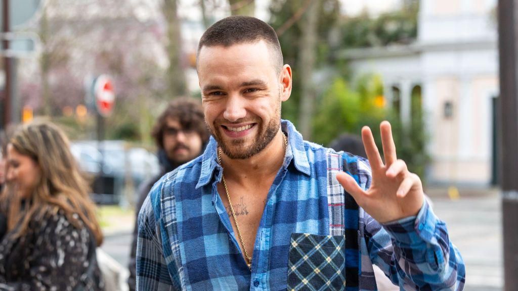 Liam Payne wears a check blue shirt and smiles at the camera