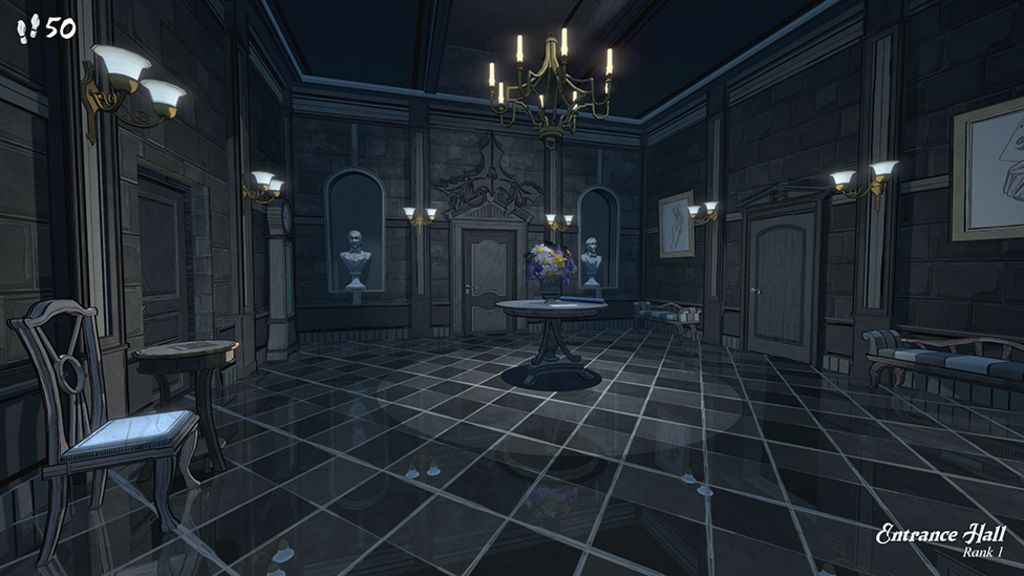 Screenshot shows a first-person view of a luxurious welcome hall with tiled floor and a door on each visible wall. Two marble busts sit in recesses on either side of the north-facing door.