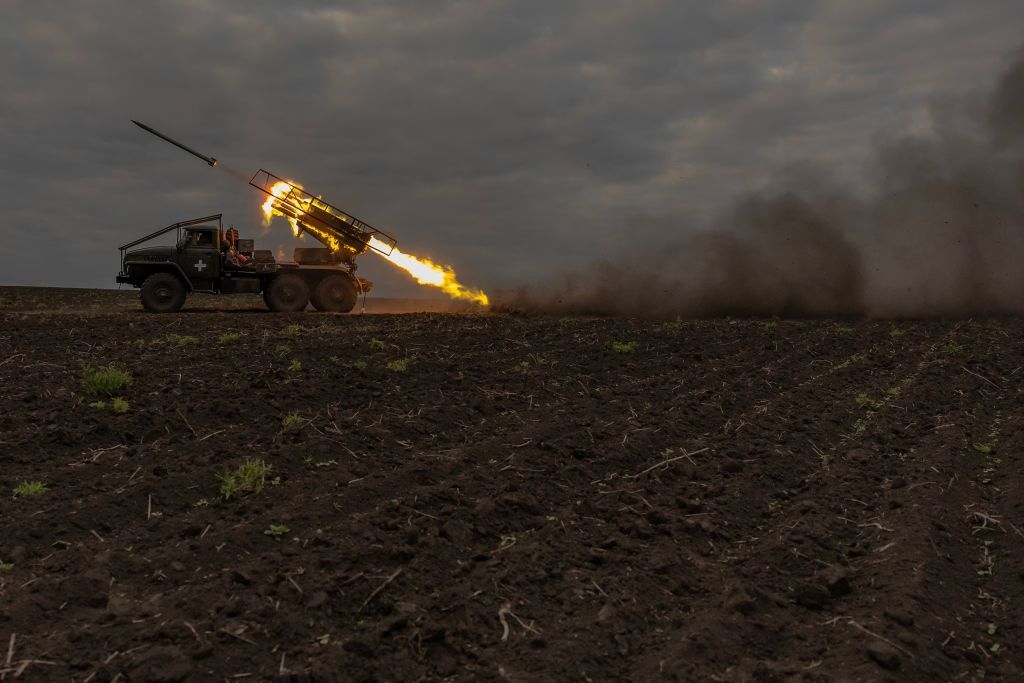 Ukrainian servicemen of the 92nd Assault Brigade fire BM-21 'Grad' multiple rocket launcher toward Russian positions, in the Kharkiv region, on May 15, 2024