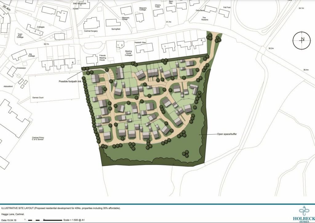 Plans of the proposed development. Dozens of properties are drawn in an open space tot he east of a primary school and the the south of more (existing) properties. 