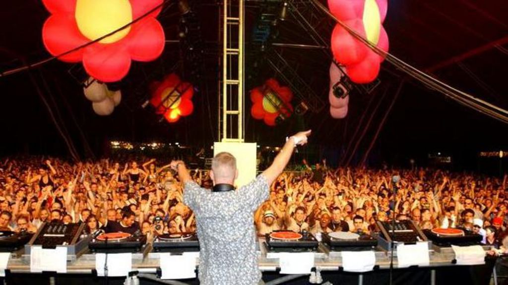 Norman Cook DJs for a crowd at the Creamfields festival