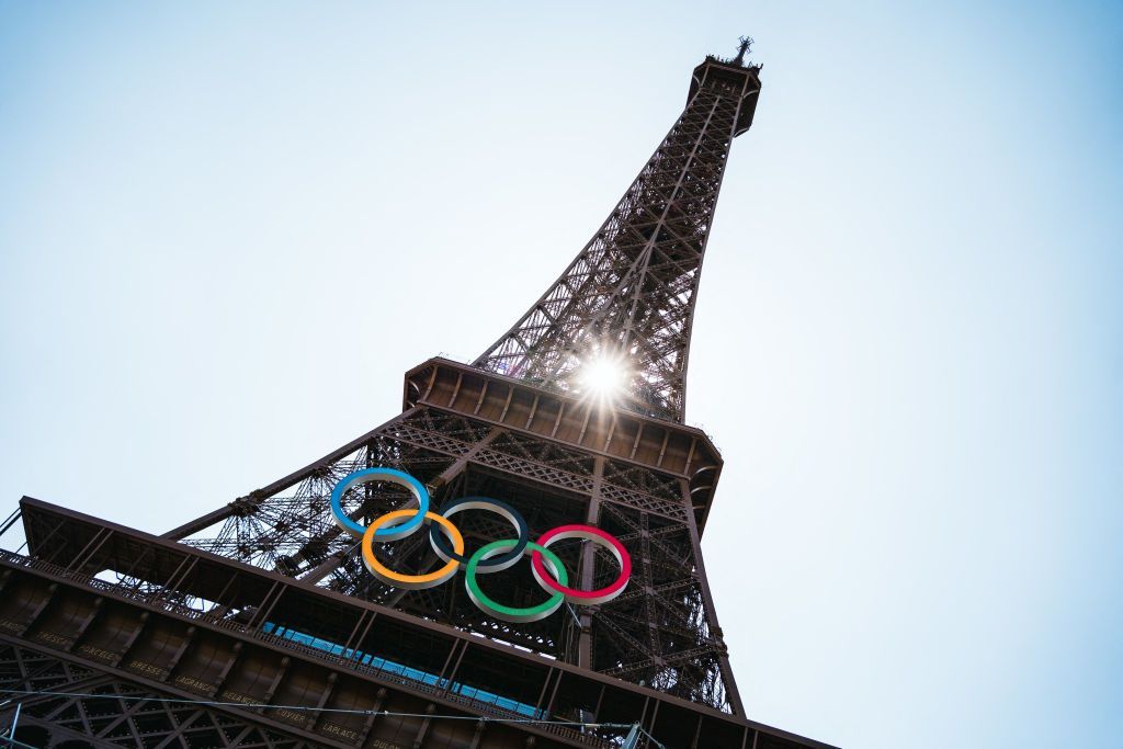 The Olympic rings have been installed on the Eiffel Tower