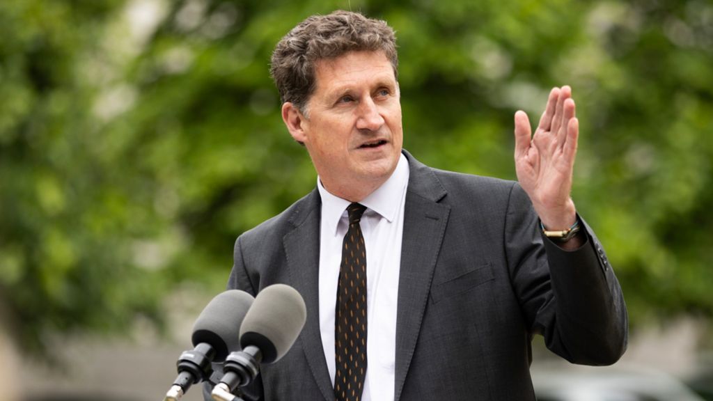 Eamon Ryan speaking at two microphones with his hand raised