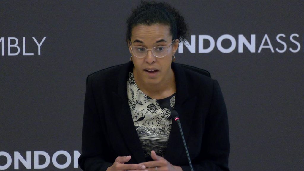 Kaya Comer-Schwartz, London's deputy mayor for policing and crime, speaking into a microphone at a London Assembly meeting. She has dark curly hair and glasses and is wearing a black blazer.