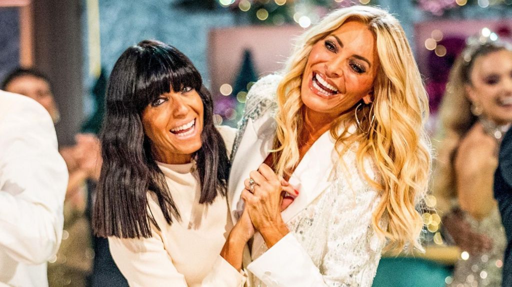 Claudia Winkleman and Tess Daly dancing and smiling at the end of the 2025 Strictly Christmas special
