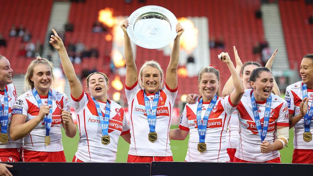 Rugby League - Betfred Women's Super League - St Helens v Barrow Raiders - The Totally Wicked Stadium, St Helens, England - Jodie Cunningham of St Helens lifts the League Leader shield