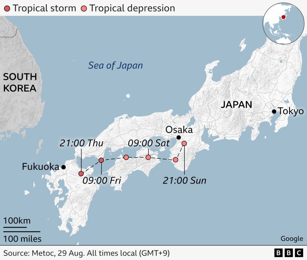 Map of the predicted path of Typhoon Shanshan, showing it will travel northwest across Japan for the next few days and be just south of Osaka by Sunday afternoon. 