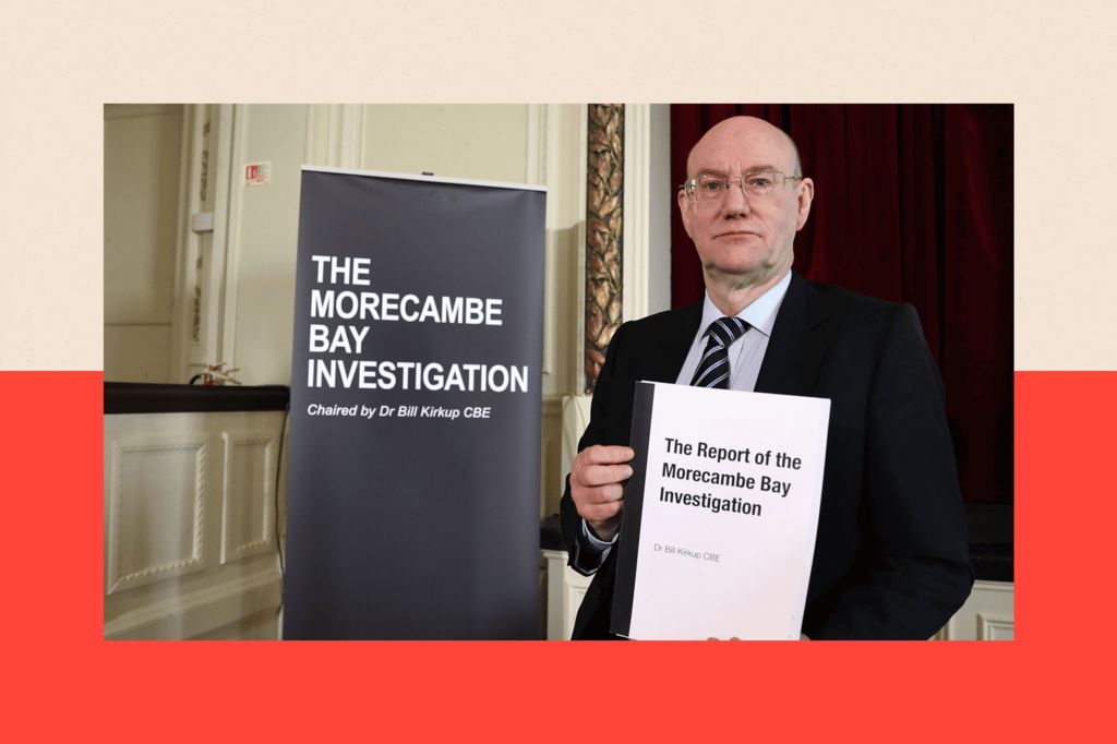 Dr Bill Kirkup holding the results of Morecambe Bay Investigation