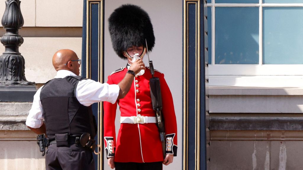A member of the Buckingham Palace guard in a red tunic and wearing a bearskin on his head, with a rifle resting on his shoulder, is given a drink of water through a straw by a police officer in short sleeves.
