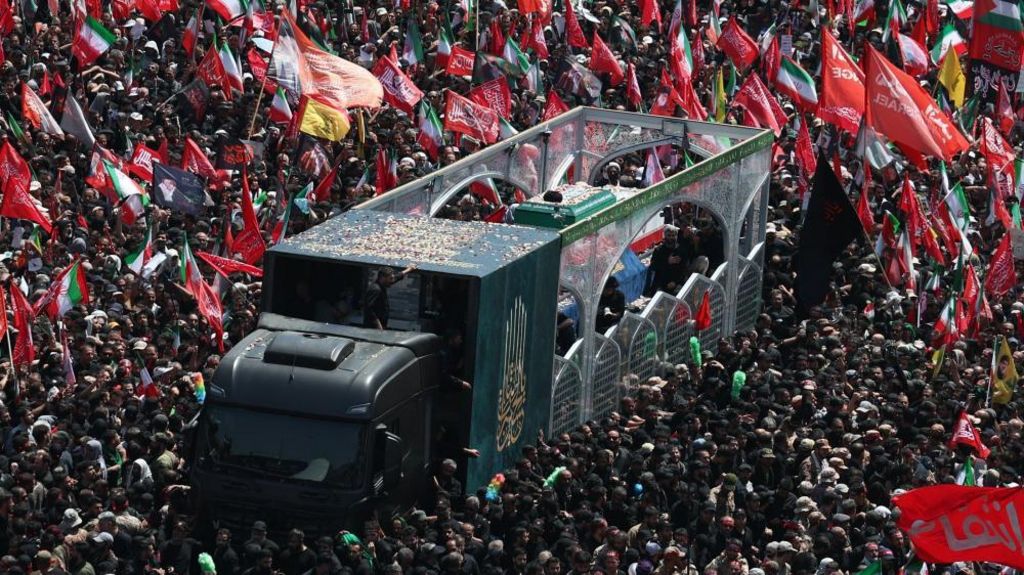 Iranians take part in the funeral ceremony of the late Iranian Supreme Leader Ayatollah Ali Khamenei in Tehran, Iran