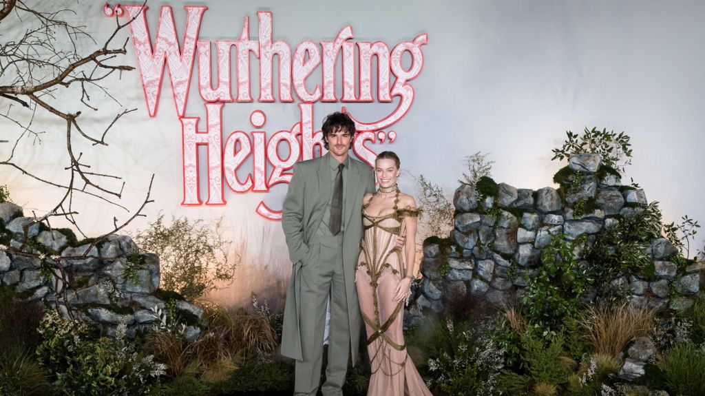 Jacob Elordi and Margot Robbie at the UK premiere of Wuthering Heights, against a backdrop of the Yorkshire Moors