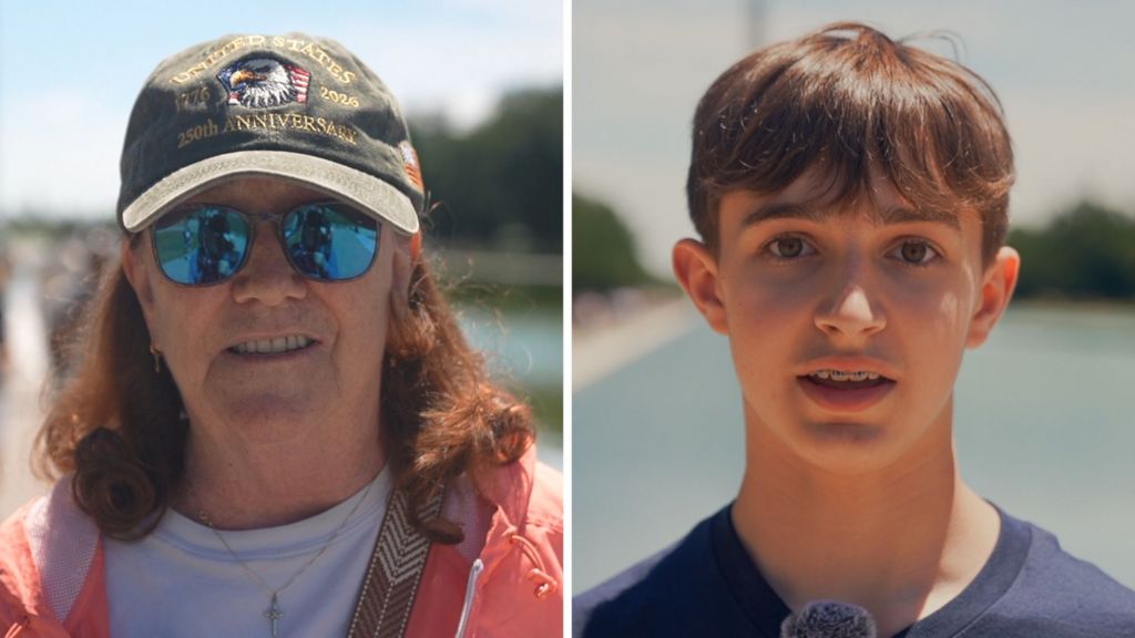 A woman with a hat on the left and a boy in navy shirt on the right.