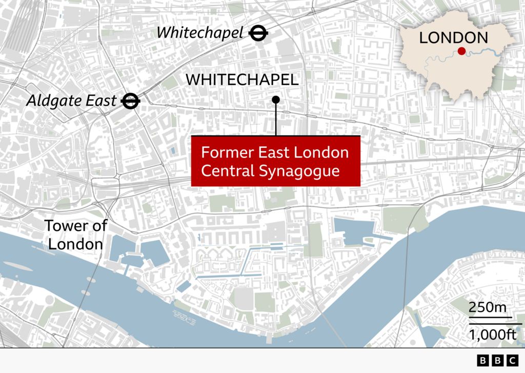 A map of East London showing the location of the Former East London Central Synagogue in Whitechapel. The map highlights nearby landmarks including the Tower of London to the southwest and the Aldgate East and Whitechapel Underground stations. An inset map in the top right corner shows the location's position within Greater London.