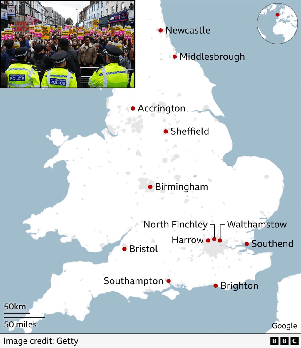 Map showing the locations of large counter-protests in England on Wednesday night: Accrington, Birmingham, Brighton, Bristol, Harrow, Middlesbrough, Newcastle, North Finchley, Sheffield, Southend, Southampton and Walthamstow.