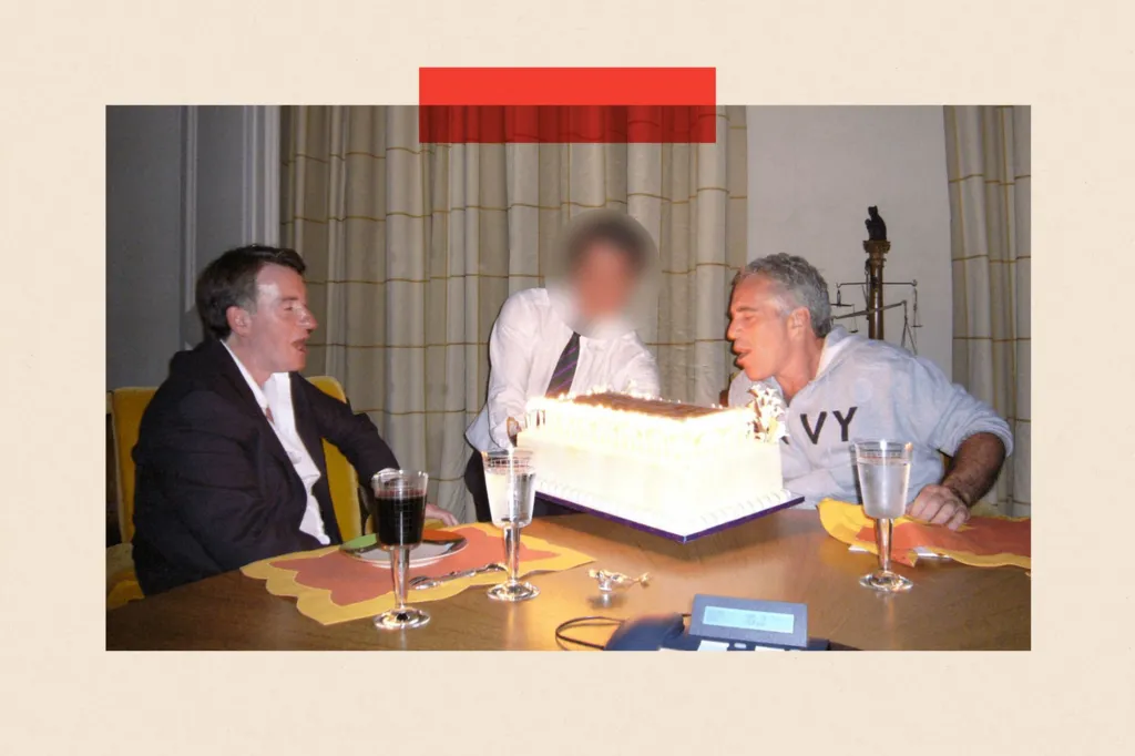 Undated image of Mandelson and Epstein, sitting at a dining table, and Epstein is blowing out candles on a huge cake.