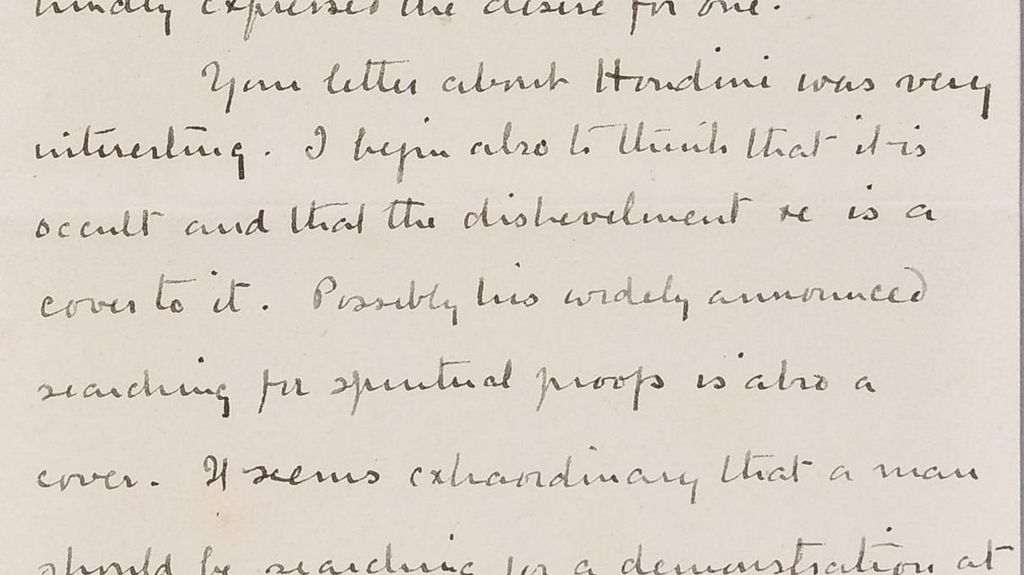 Cursive writing from Sir Arthur Conan Doyle which in part reads: "Possibly his widely announced searching for spiritual proofs is also a cover."