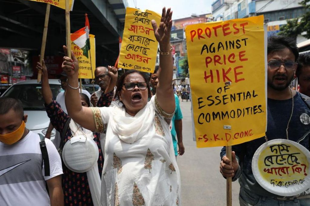 Supporters of the Indian National Congress are taking part in a protest march and shouting slogans against the price hike of essential commodities and other food items, in Kolkata, India, on July 11, 2024 