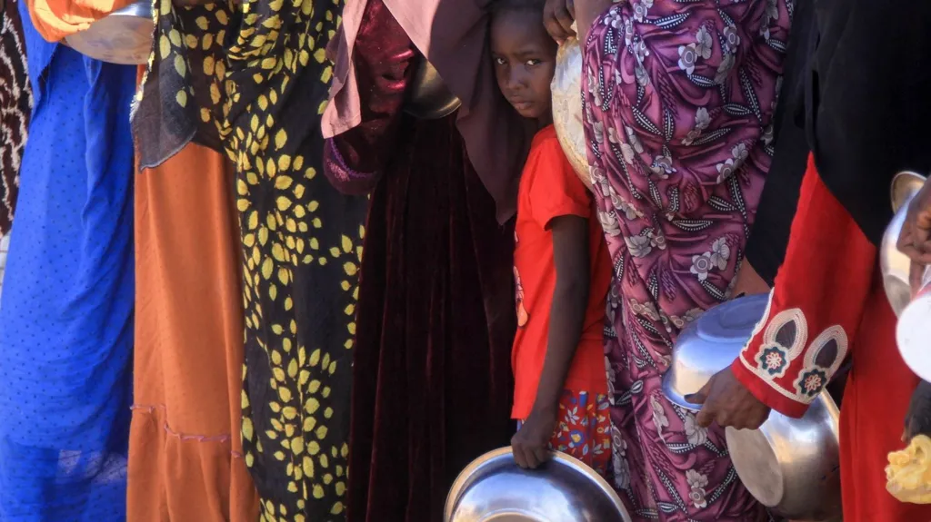 People who fled el-Fasher queue for food at the Al-Afad camp for displaced people in the town of Al-Dabba, northern Sudan.