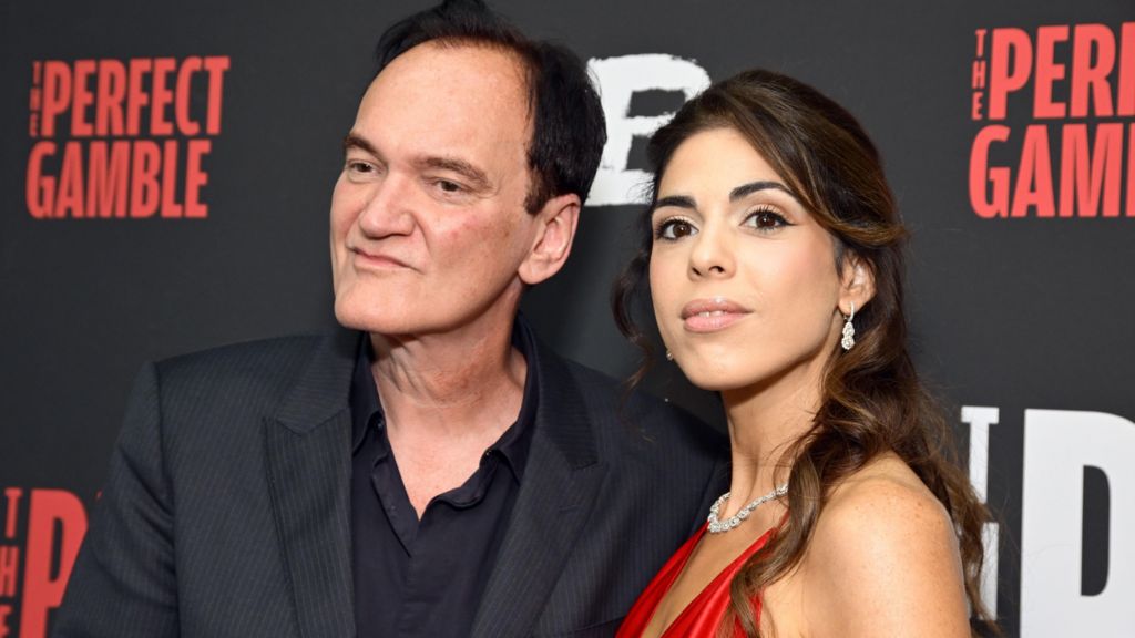 Quentin Tarantino and Daneilla Pick attend the U.S. premiere of "The Perfect Gamble" at Harmony Gold on November 12, 2025 in Los Angeles