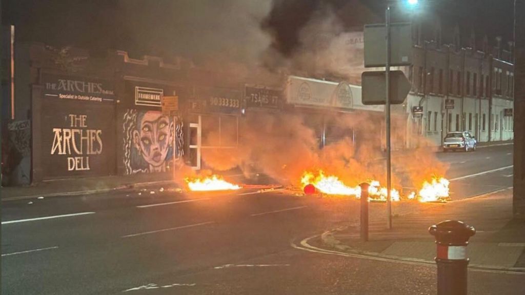 Flames on Newtownards Road in Belfast