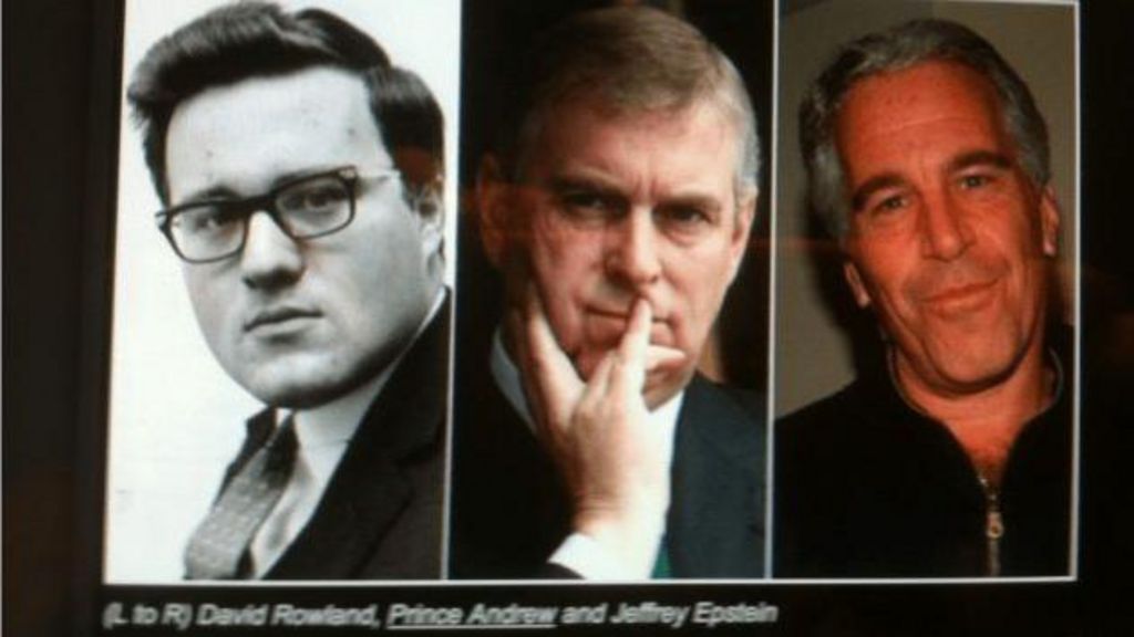 A blurry photo of a newspaper website which shows a montage of an old black and white photo of David Rowland next to Prince Andrew and Jeffrey Epstein. A caption is visible below.