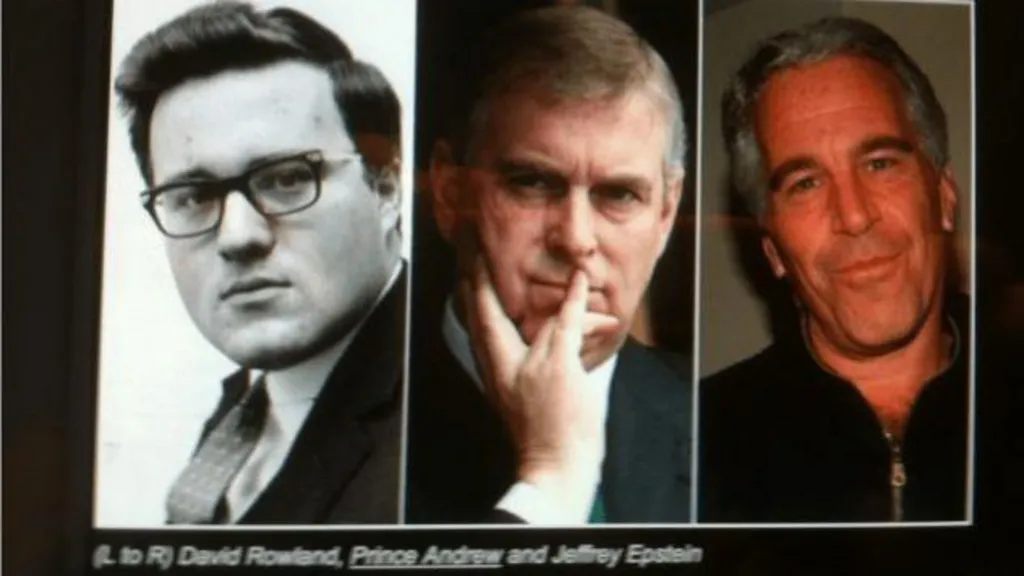 A blurry photo of a newspaper website which shows a montage of an old black and white photo of David Rowland next to Prince Andrew and Jeffrey Epstein. A caption is visible below. 