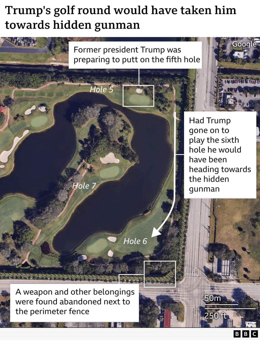 An annotated satellite image with the caption: "Trump's golf round would have taken him towards hidden gunman." The image shows a golf course on which Trump was playing while a would-be assassin hid in nearby bushes. Near hole 5 is a caption that says: "Former President Trump was preparing to putt on the fifth hole." On the way to hole 6 is a caption that says: "Had Trump gone on to play the sixth hole he would have been heading towards the hidden gunman."