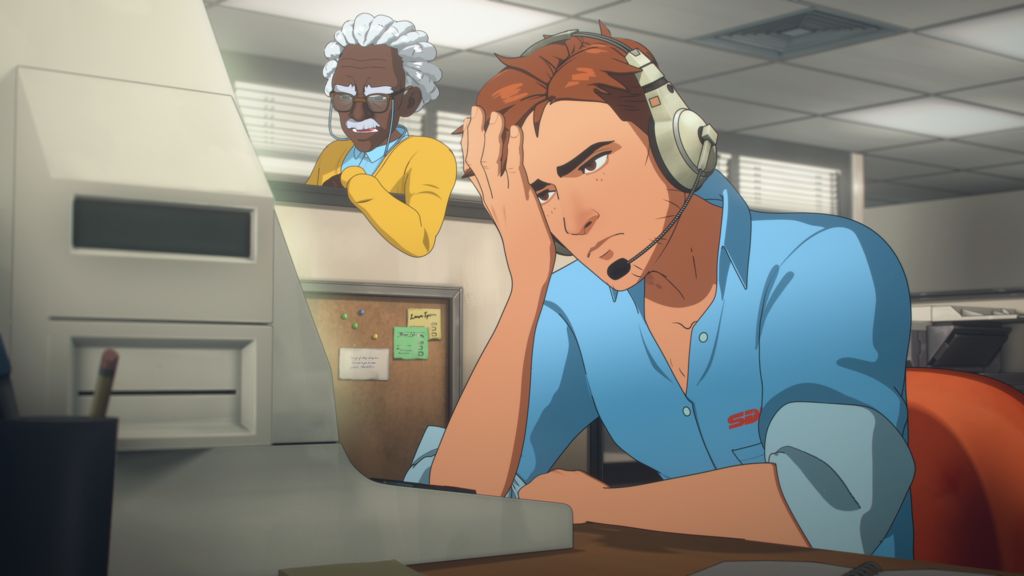 Cartoon-like screenshot from Dispatch shows main character Robert Robertson wearily resting his head on his hand as he sits in an office cubicle wearing a headset with a microphone. A colleague leans over to speak to him, looking intently at his screen.